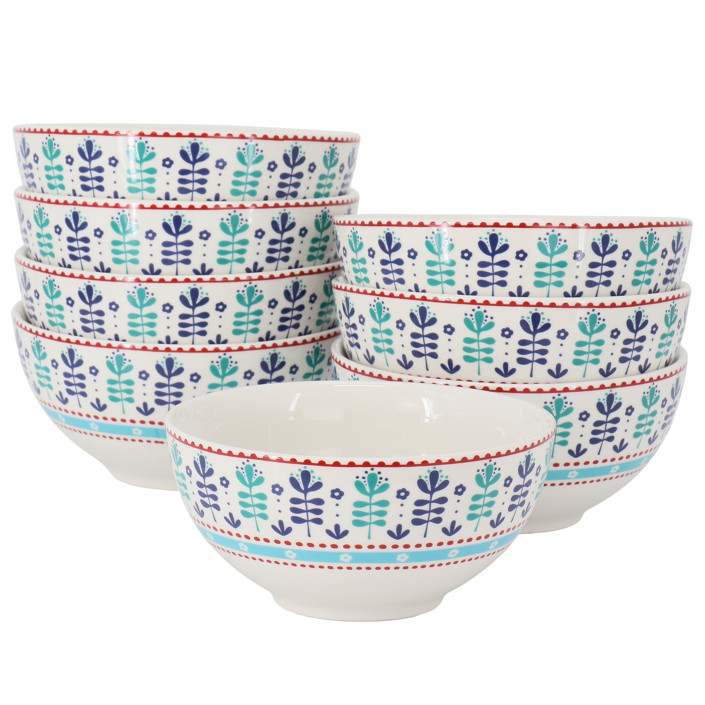 Gibson Home Village Vines Floral 8 Piece 6" Fine Ceramic Bowl Set in White & Mu