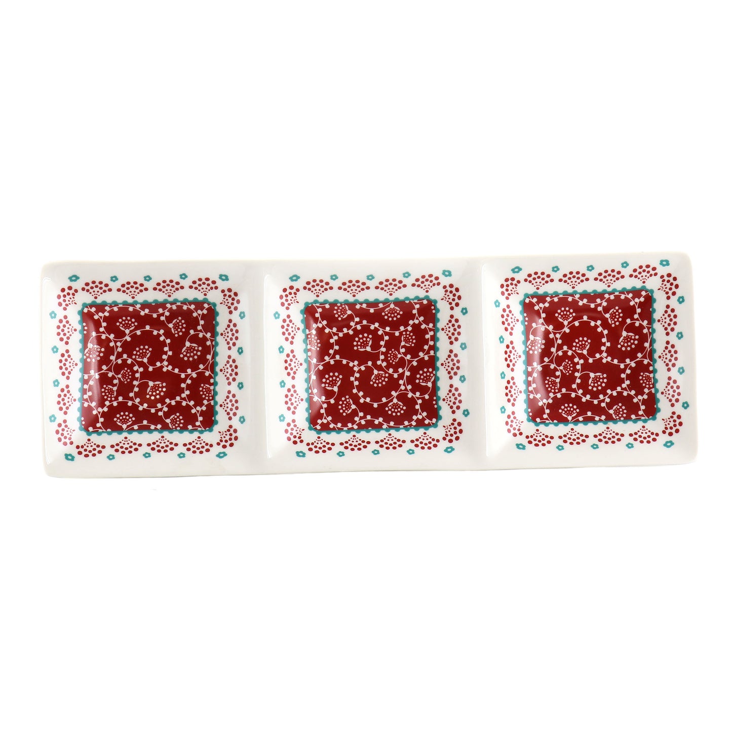 Gibson Home Village Vines 13.5" Ceramic Rectangular 3 Section Tray in Red