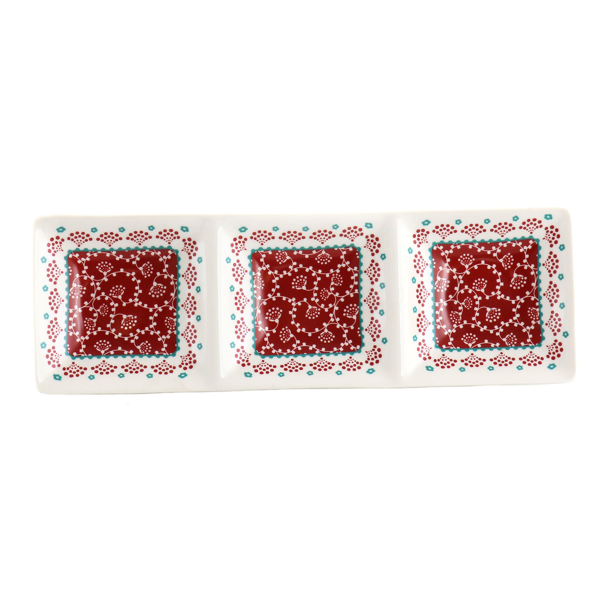 Gibson Home Village Vines 13.5" Ceramic Rectangular 3 Section Tray in Red