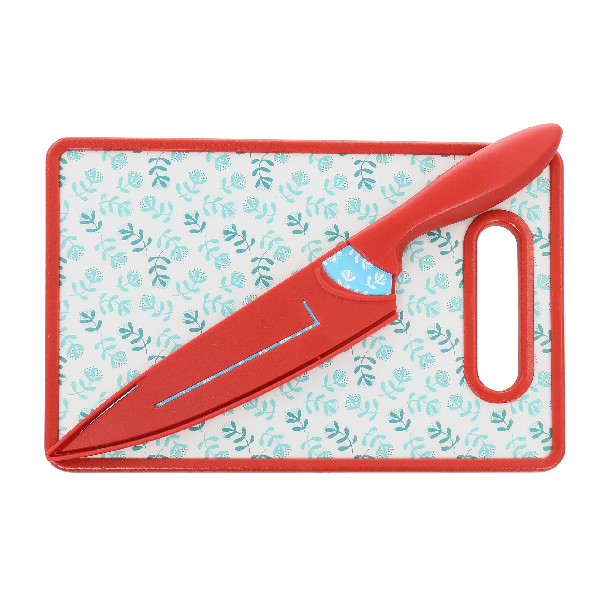 Gibson Home Village Vines 3 Piece Cutting Board & Knife Set in Red & Blue