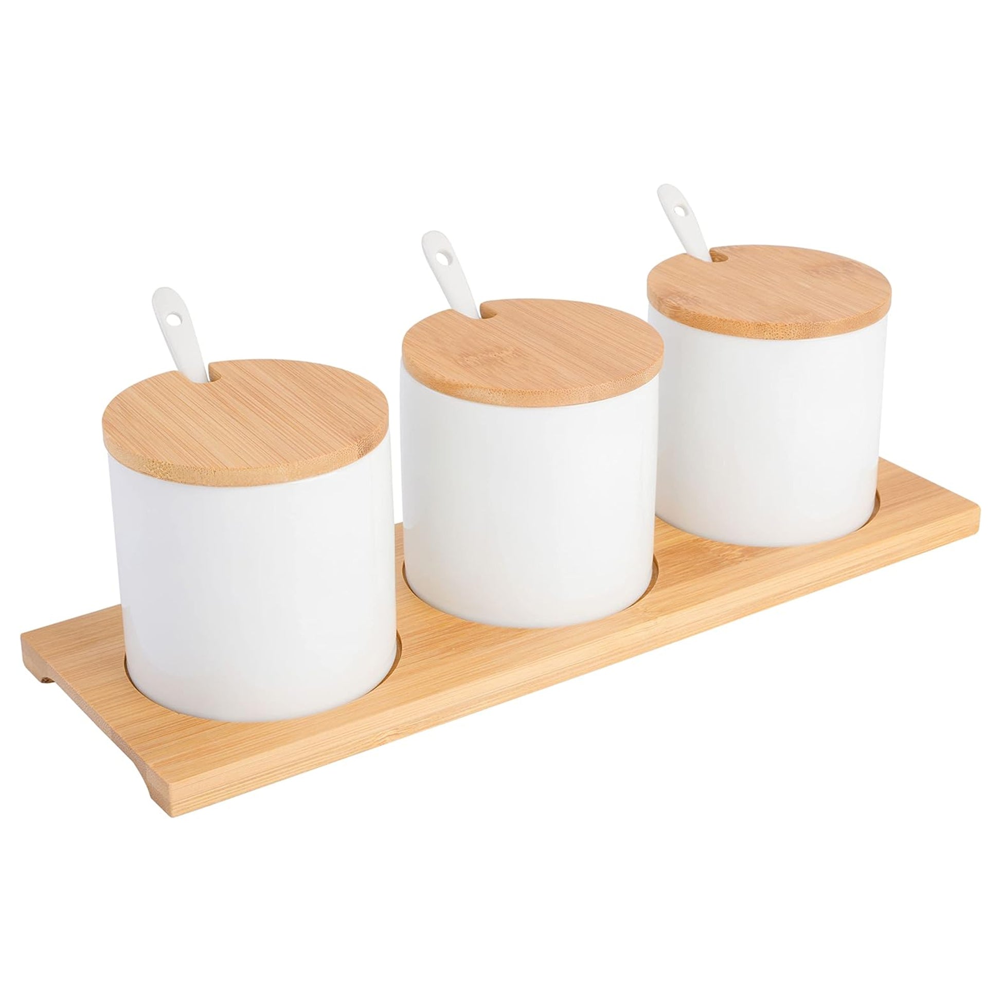 Gibson Gracious Dining 10 Piece Fine Ceramic Condiment Jars w Bamboo Lids & Spo