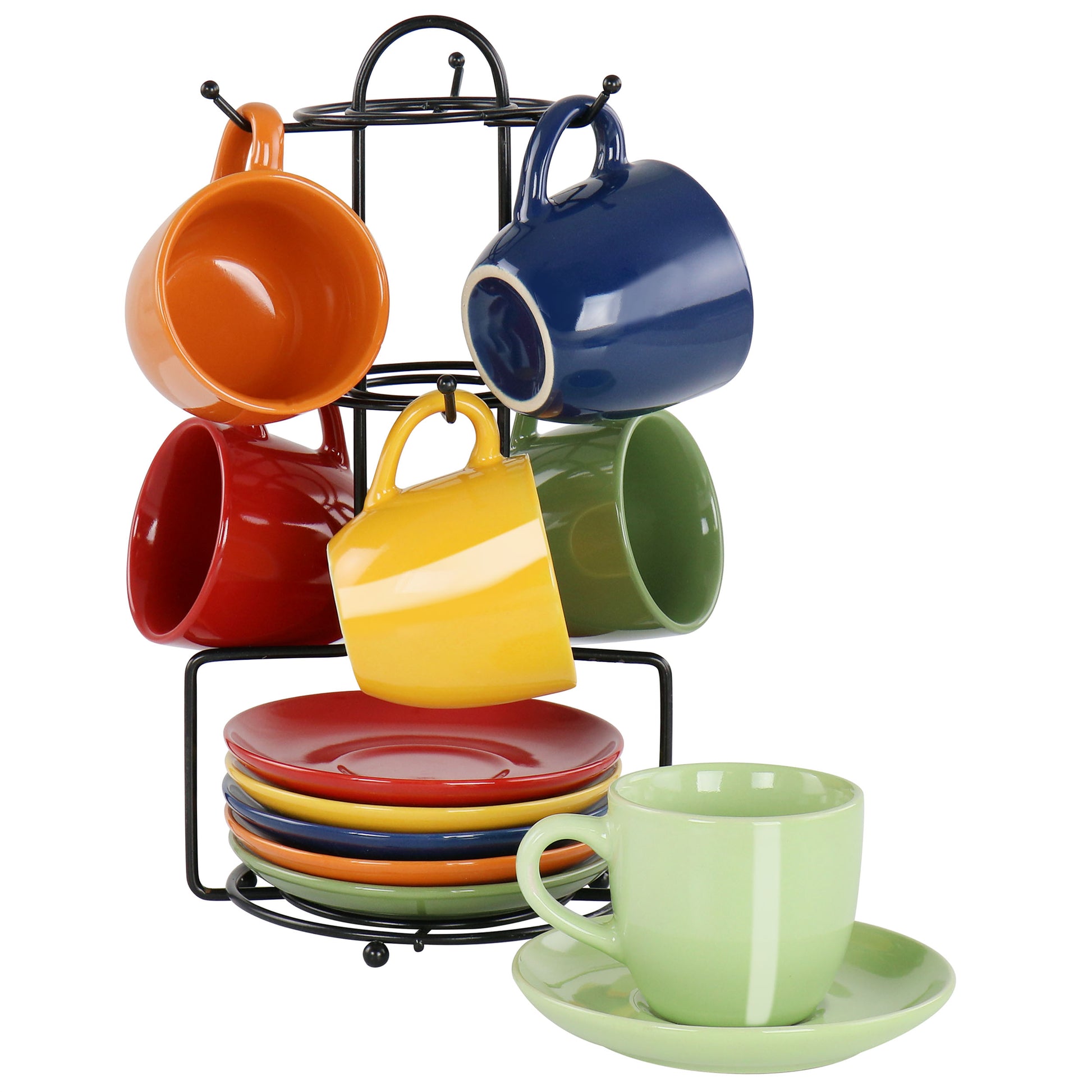 Gibson Home Color Cafe 13 Piece Espresso Mug & Saucer Set w Metal Rack in Assor