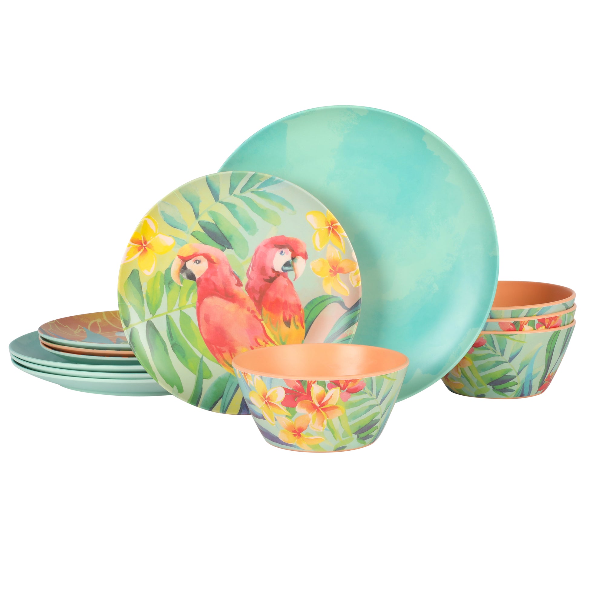 Laurie Gates Tropical Parrots 12 Piece Melamine Dinnerware Set in Assorted Desi