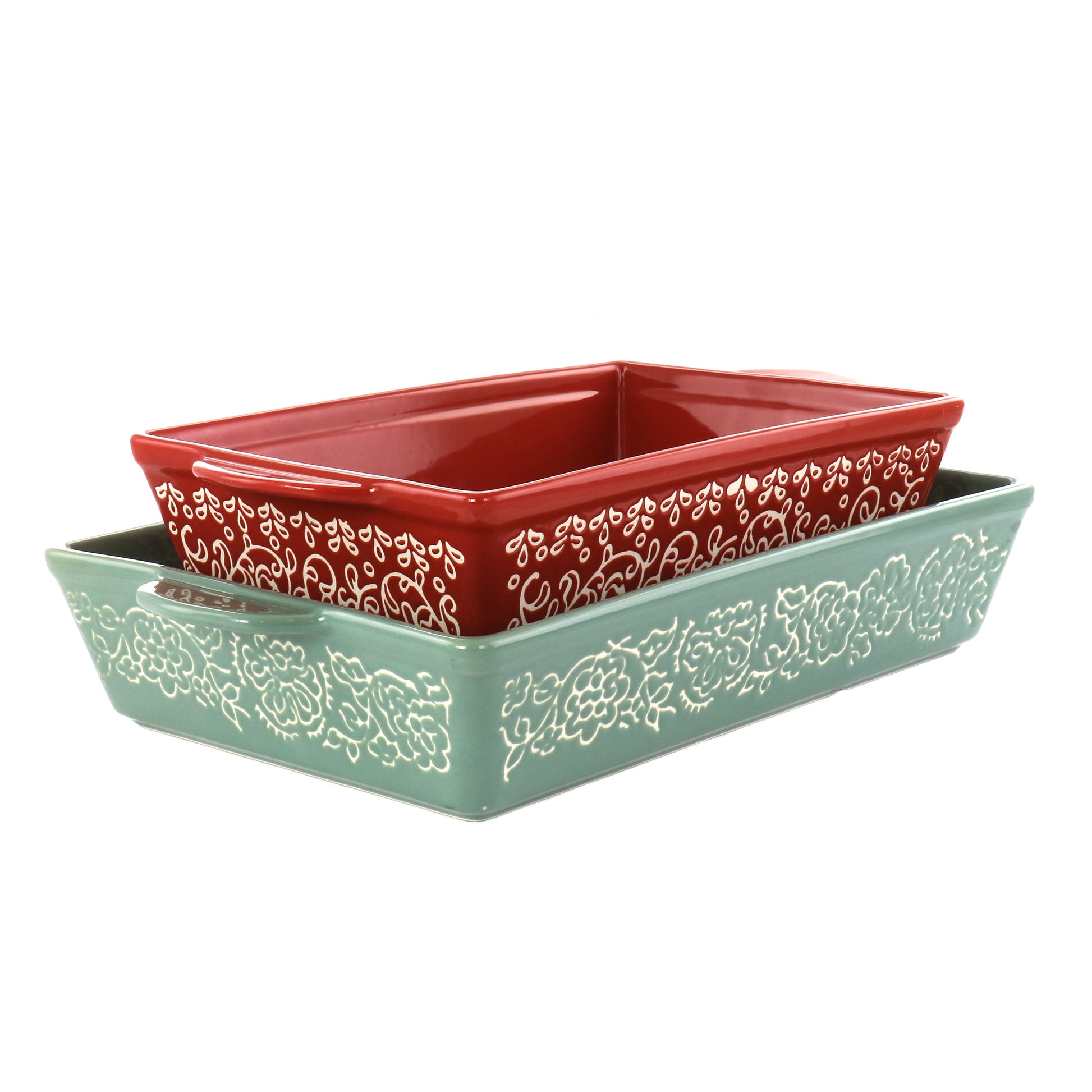 Laurie Gates 2 Piece Tierra Wax Relief Stoneware Baker Set in Red & Mint