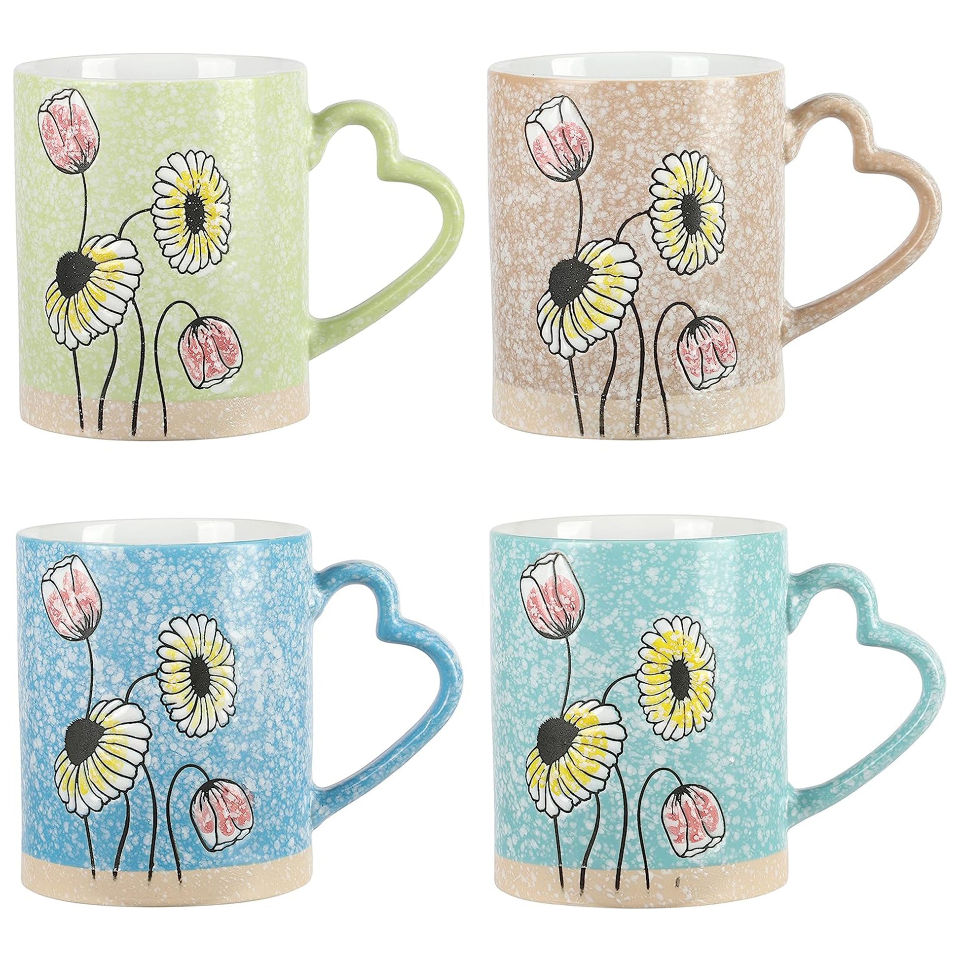 Gibson Home Sunbloom 4 Piece 15 oz Flower Wax Relief Design Mug Set w Heart Sha