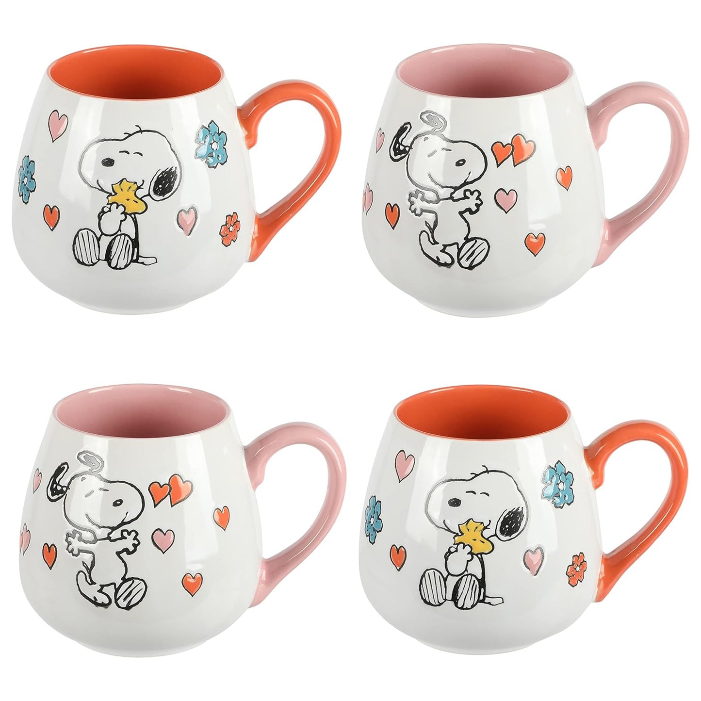 Peanuts Mothers Baby 4 Piece 20 oz Stoneware Belly Mug Set Orange & Pink