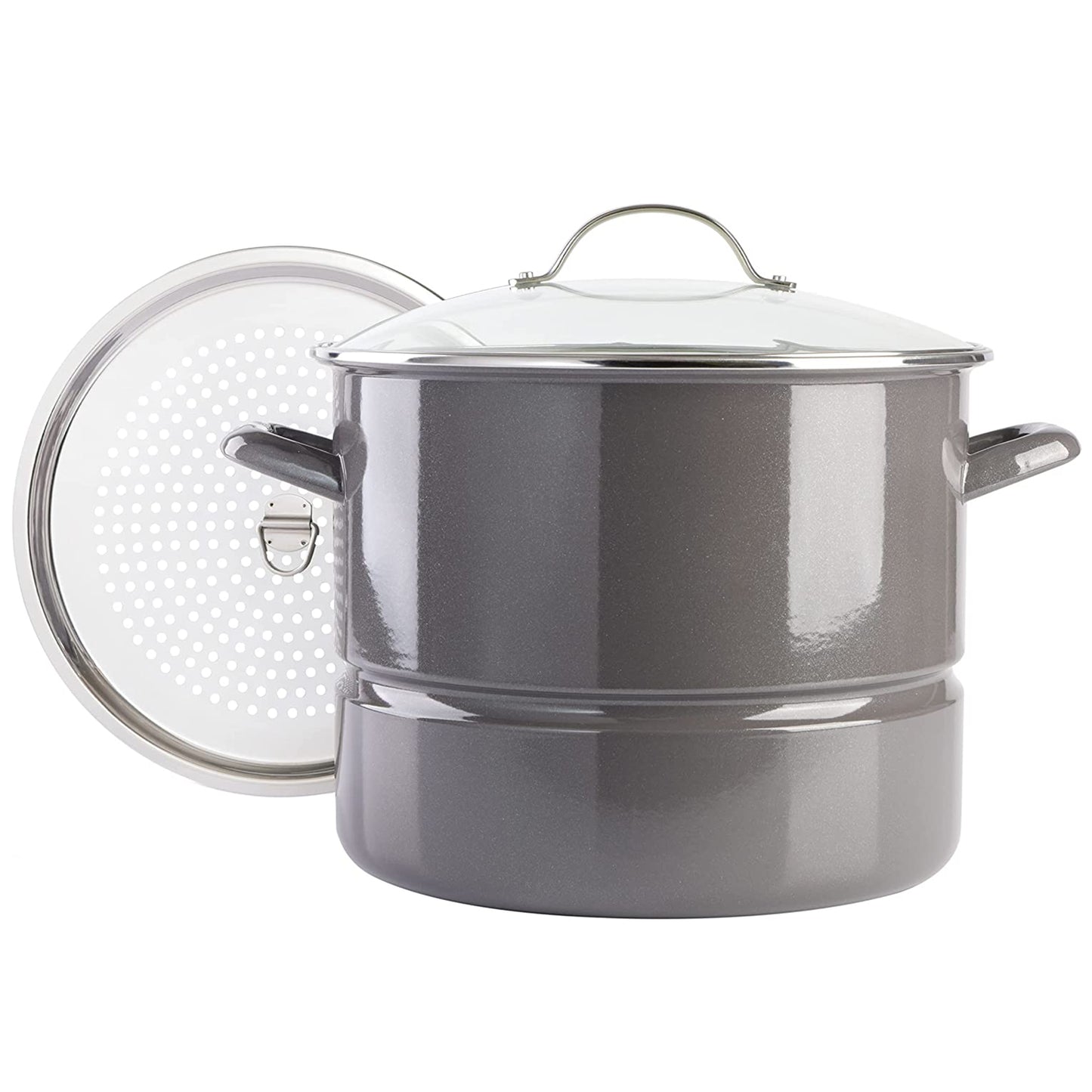 Kenmore 16 Quart Enamel On Steel Stock Pot w Steamer & Lid in Graphite Grey