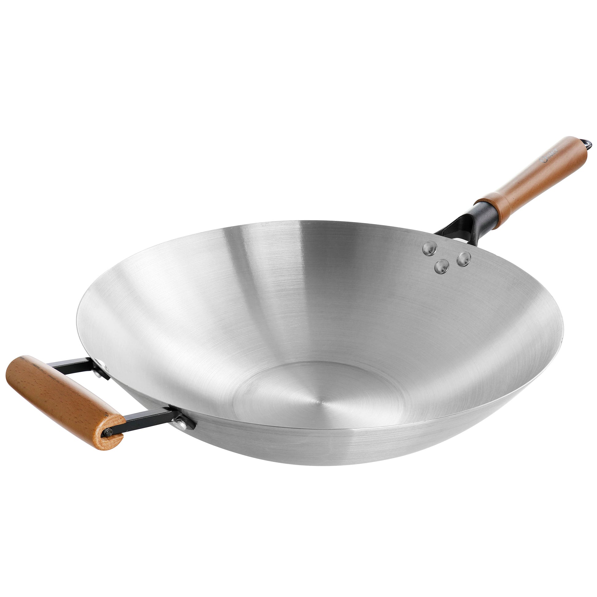 Oster Sangerfield 14in Stainless Steel Flat Bottom Wok w Wooden Handles