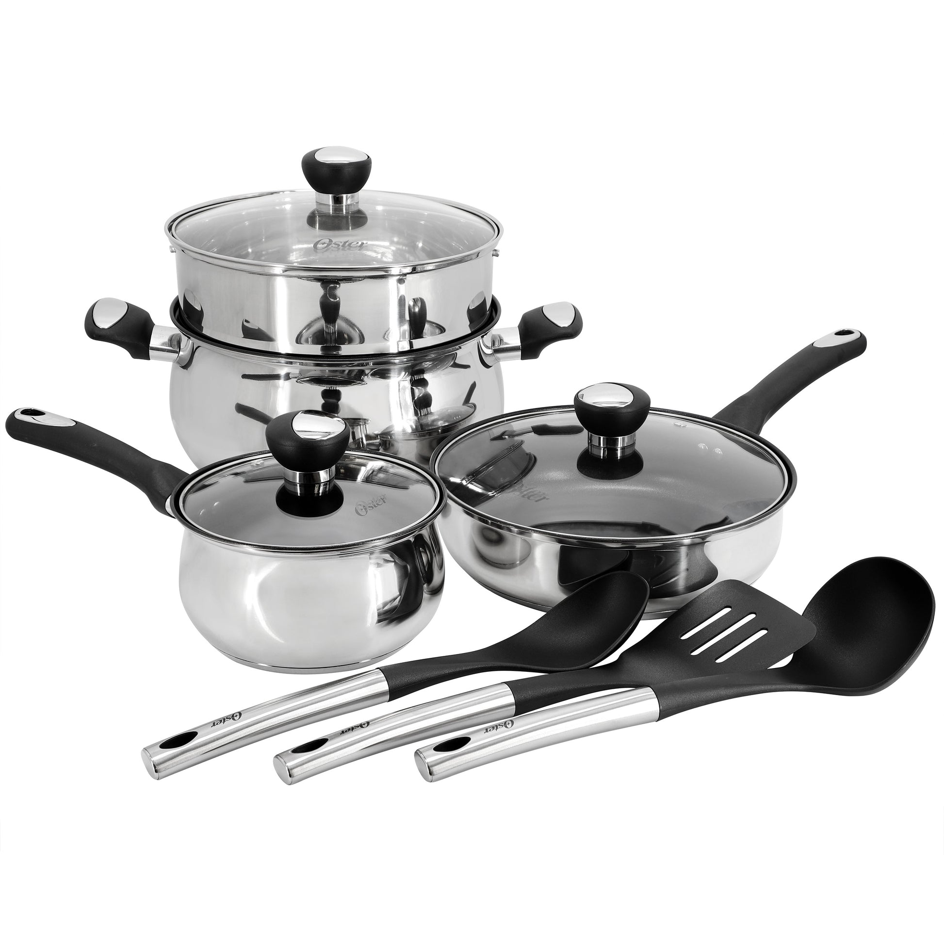 Oster Baldwyn 10 Piece Stainless Steel Belly-Shaped Nonstick Cookware & Utensil