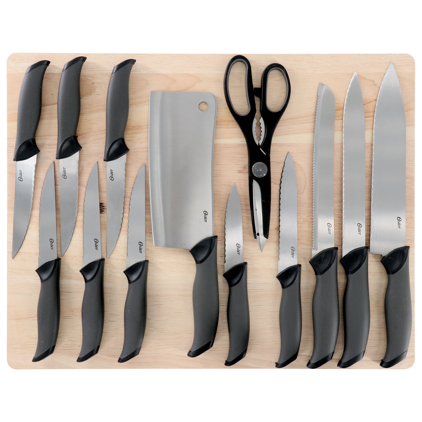 Oster Lindbergh 14 Piece Stainless Steel Cutlery Knife Set in Black w Cutting B