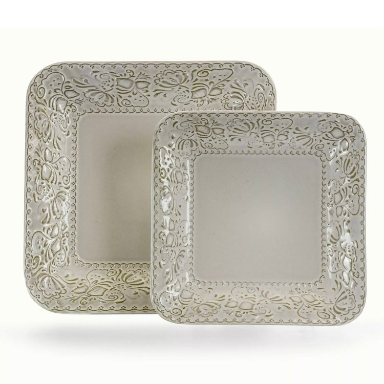 Elama Ivory Lotus 16 Piece Stoneware Embossed Floral Square Dinnerware Set For 4