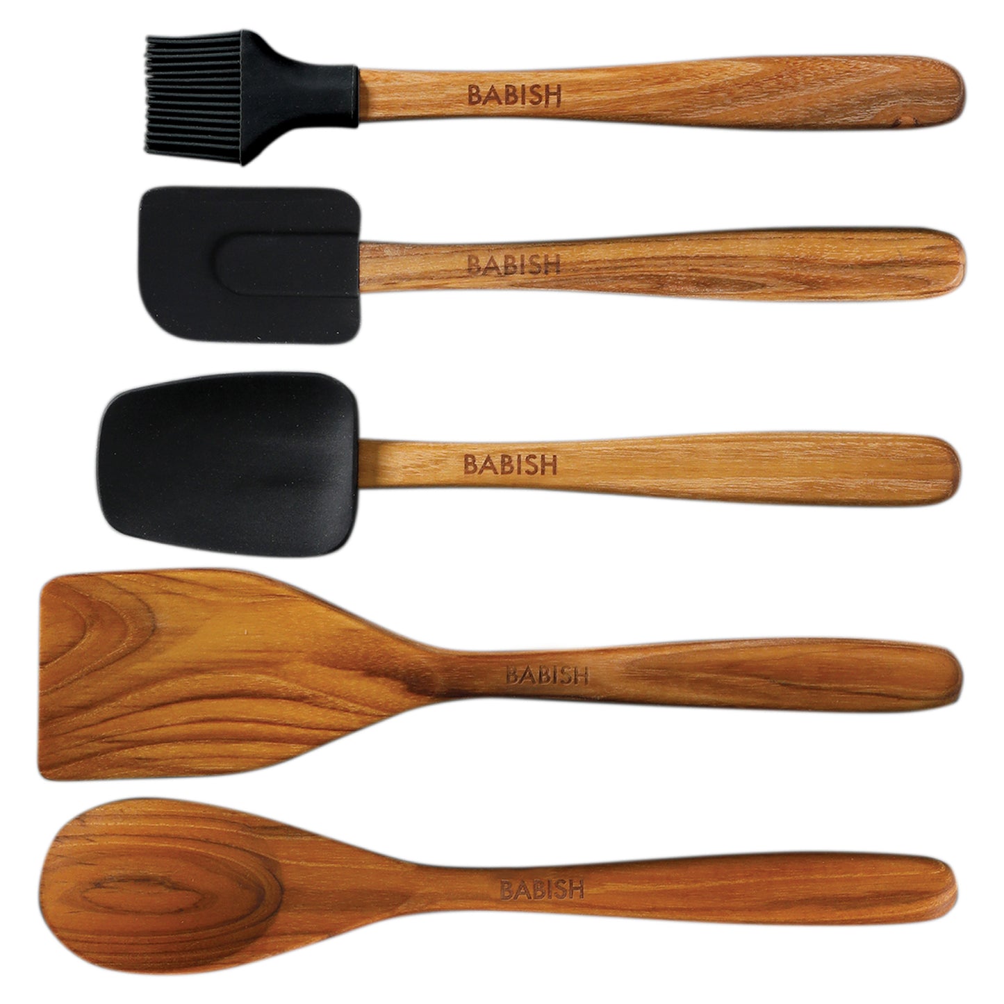 Babish 5 Piece Wood & Silicone Essential Kitchen Tool Set in Brown