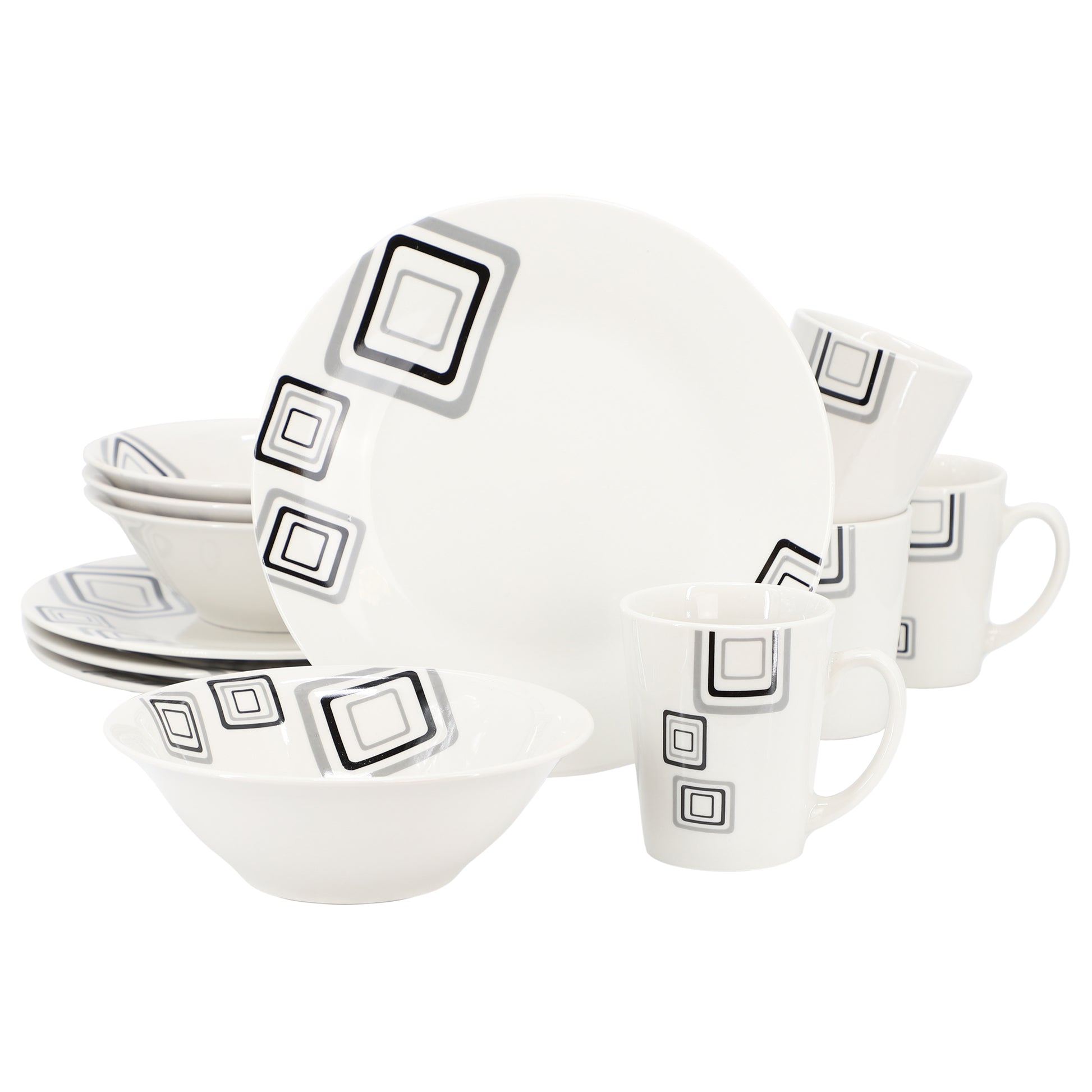 Gibson Home Black Squares 12 Piece Round Fine Ceramic Dinnerware Set in White