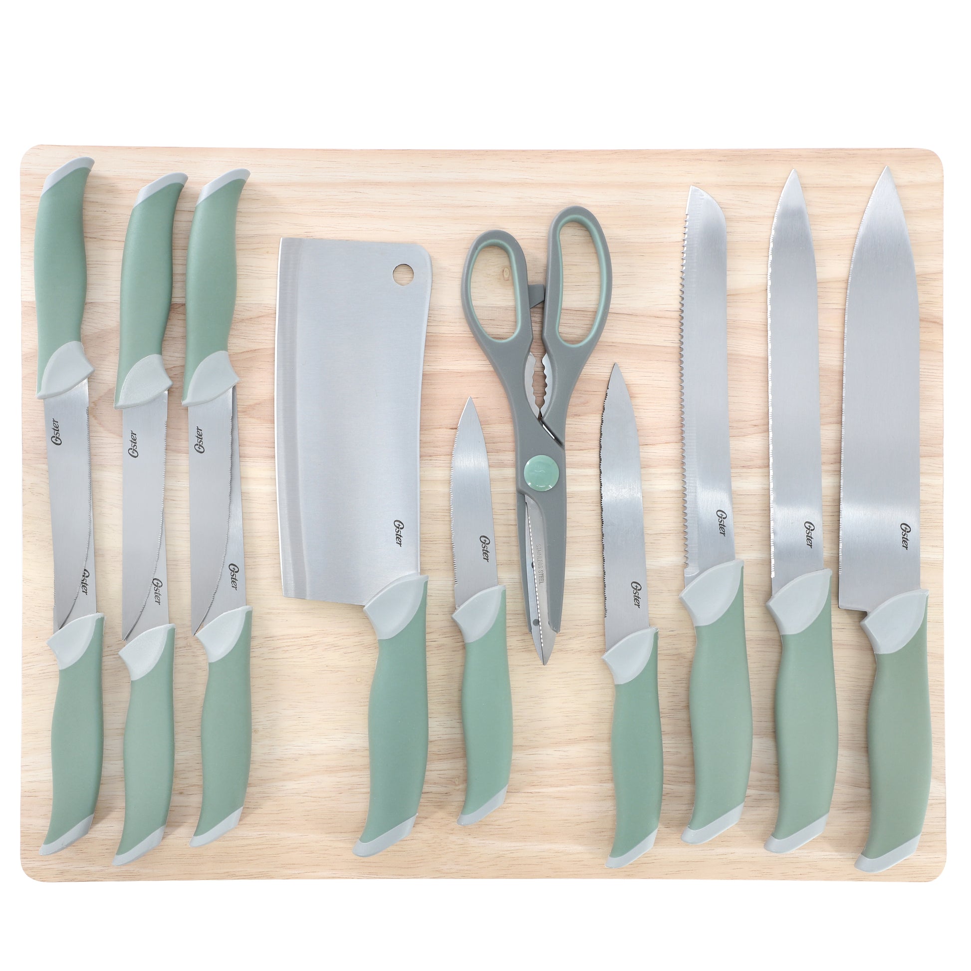 Oster Linbergh 14 Piece Stainless Steel Cutlery & Cutting Board Set in Green w