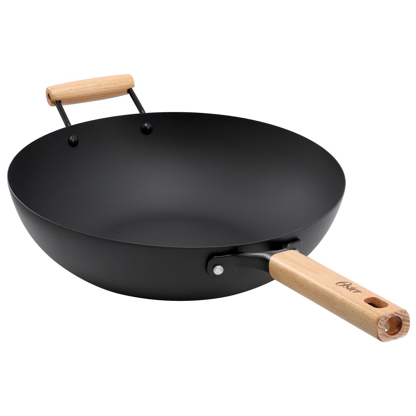 Oster Northcliffe 13.5" Round Carbon Steel Flat Base Wok w Wooden Handles