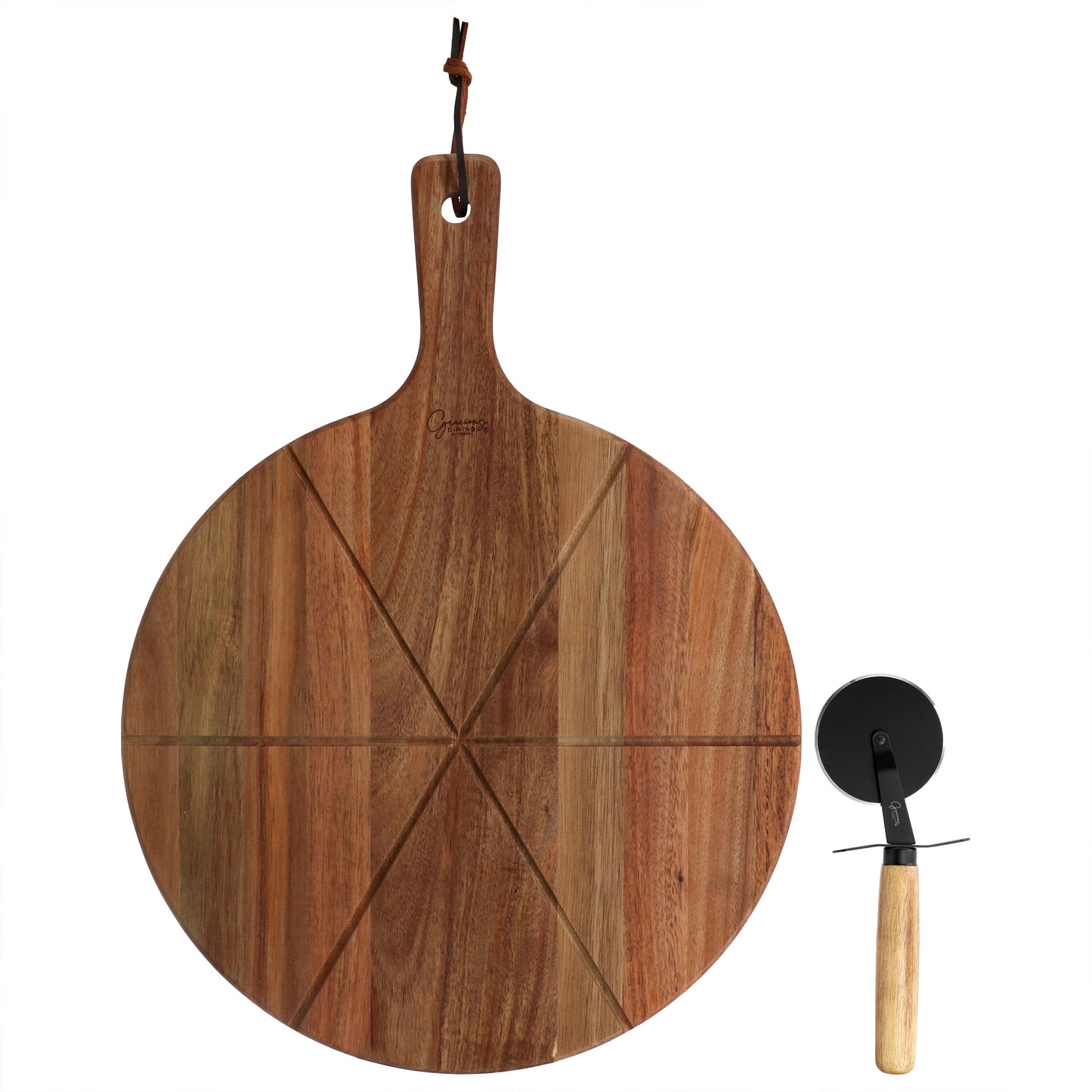 Gibson Elite 2 Piece Acacia Wood Serving Board & Pizza Cutter Set in Brown