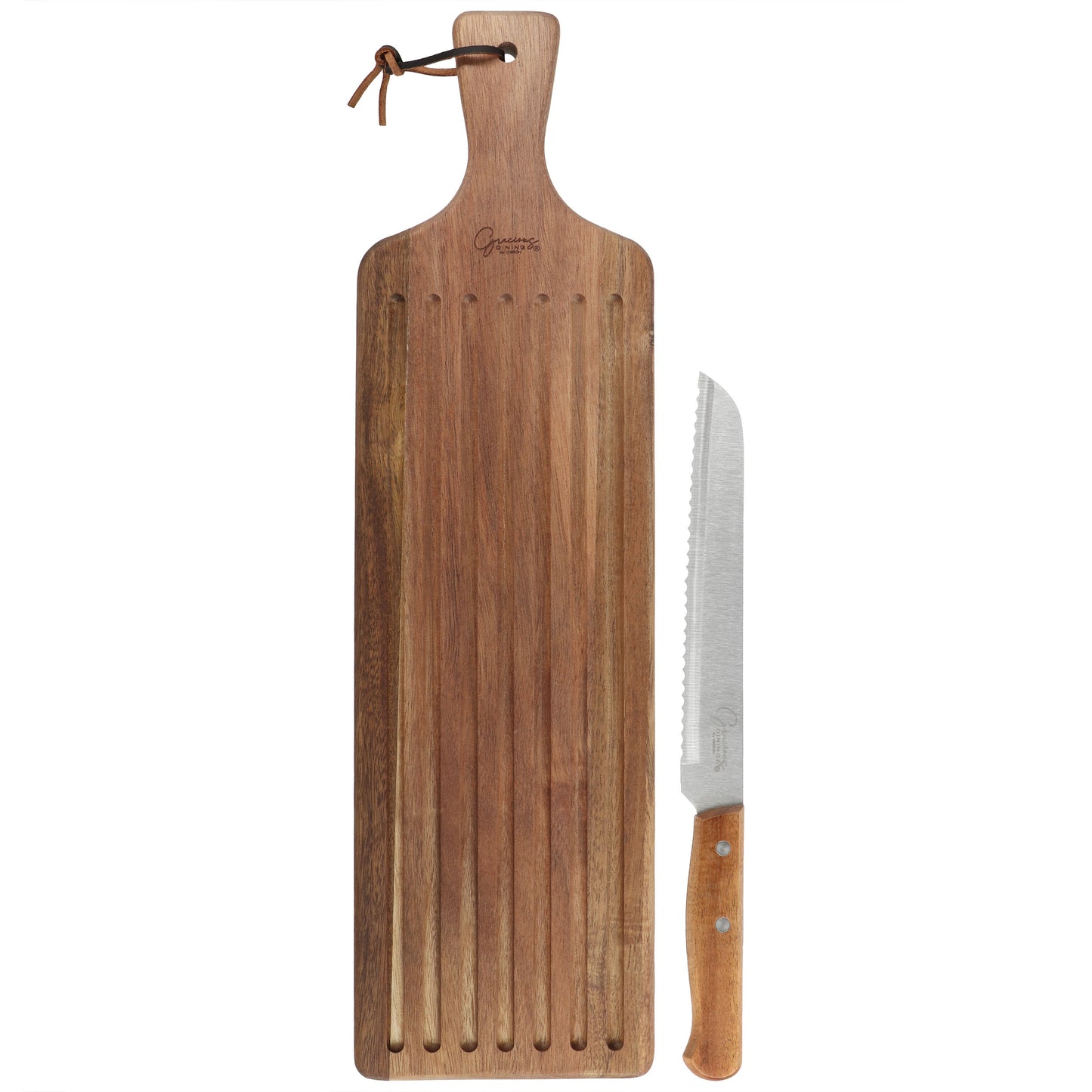 Gibson Elite 2 Piece Acacia Wood Serving Board & Bread Knife Set in Brown