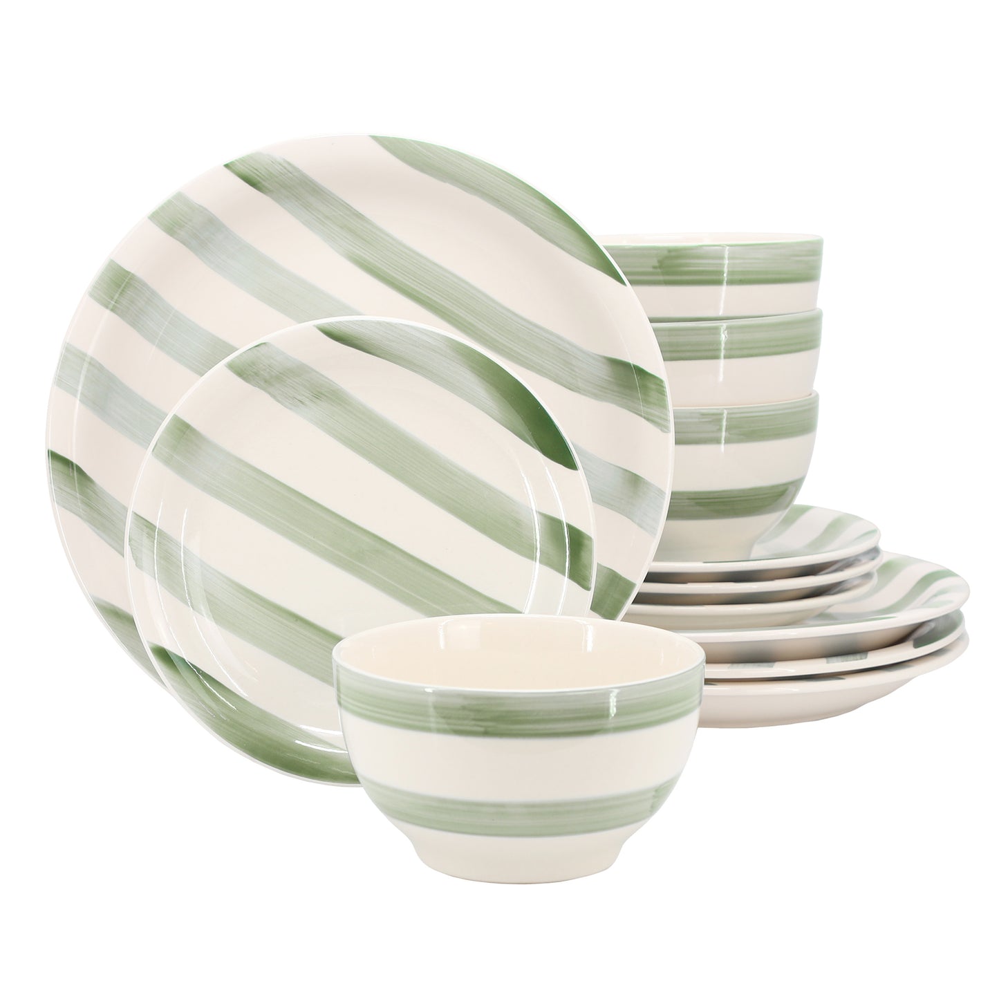 Gibson Home Kenwood Shores 12 Piece Stoneware Dinnerware Set Green Stripe