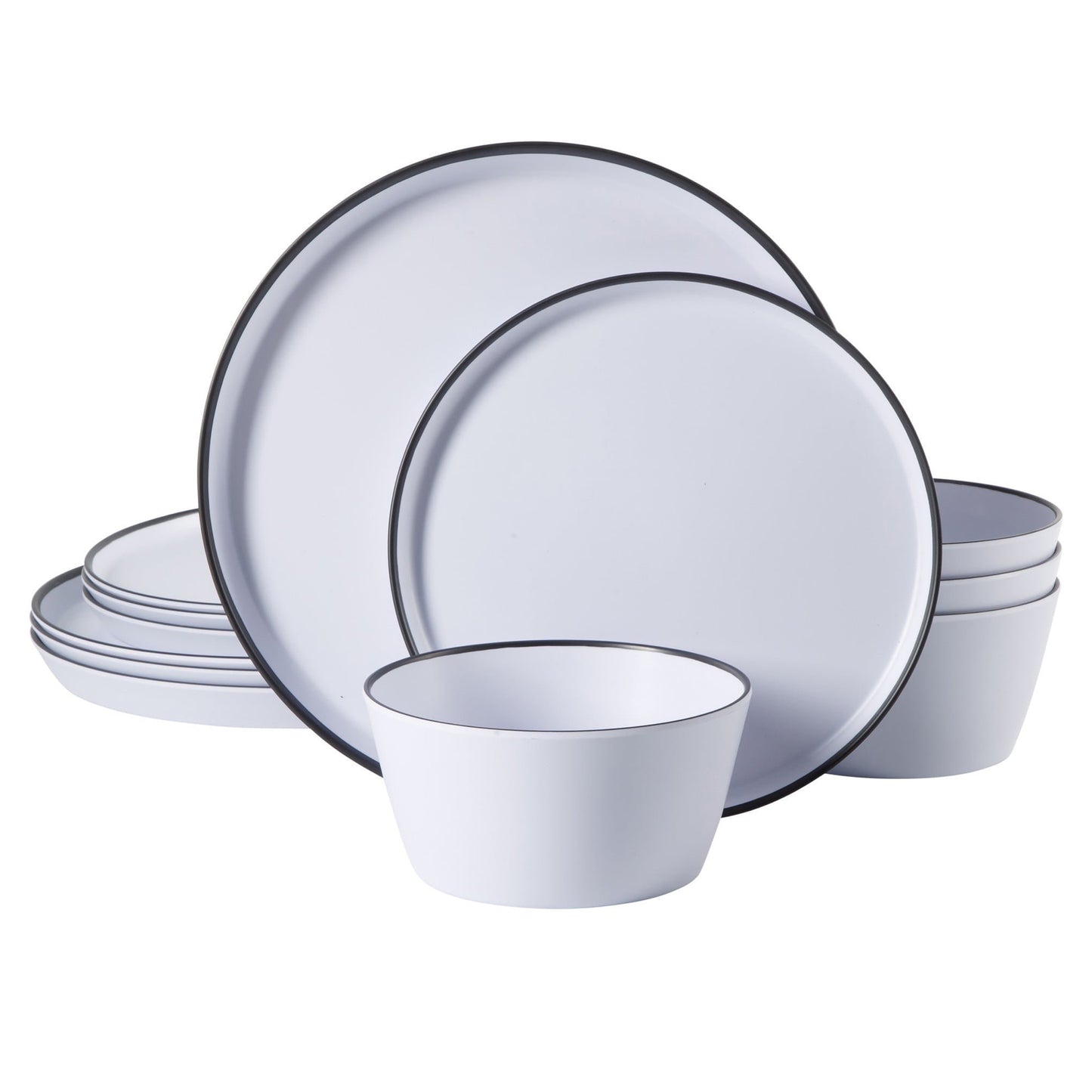 Gibson Home Folsom Shores 12 Piece Melamine Dinnerware Set White w/ Black Rim