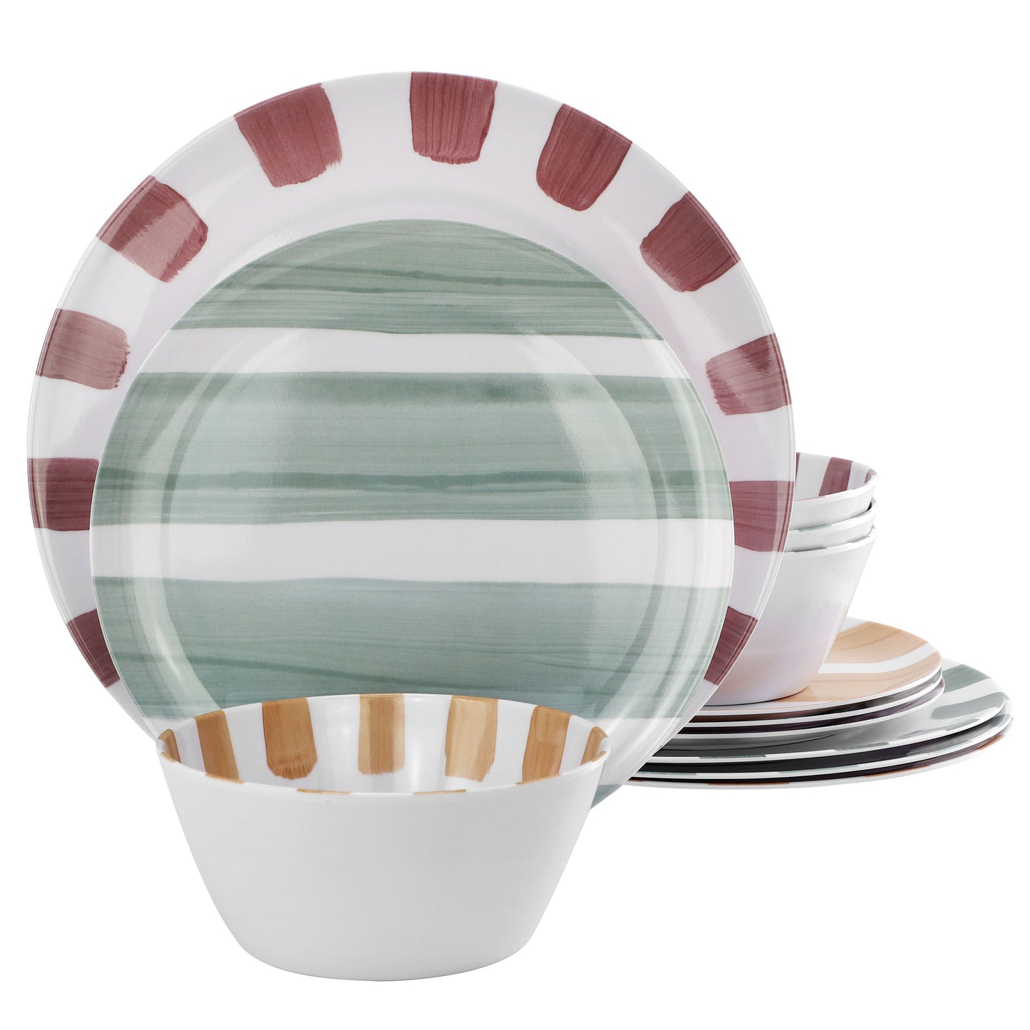 Gibson Home Cottage Stripes 12 Piece Melamine Dinnerware Set White & Multi