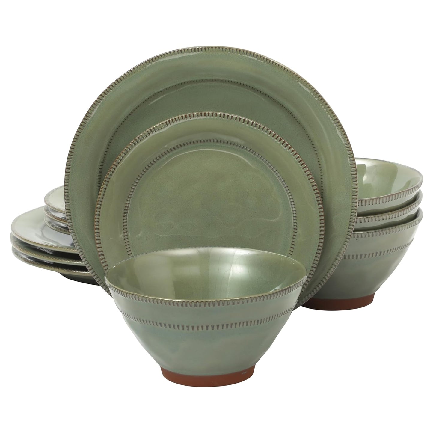 Gibson Elite Terranea 12 Piece Round Green Unglazed Terracotta Dinnerware Set