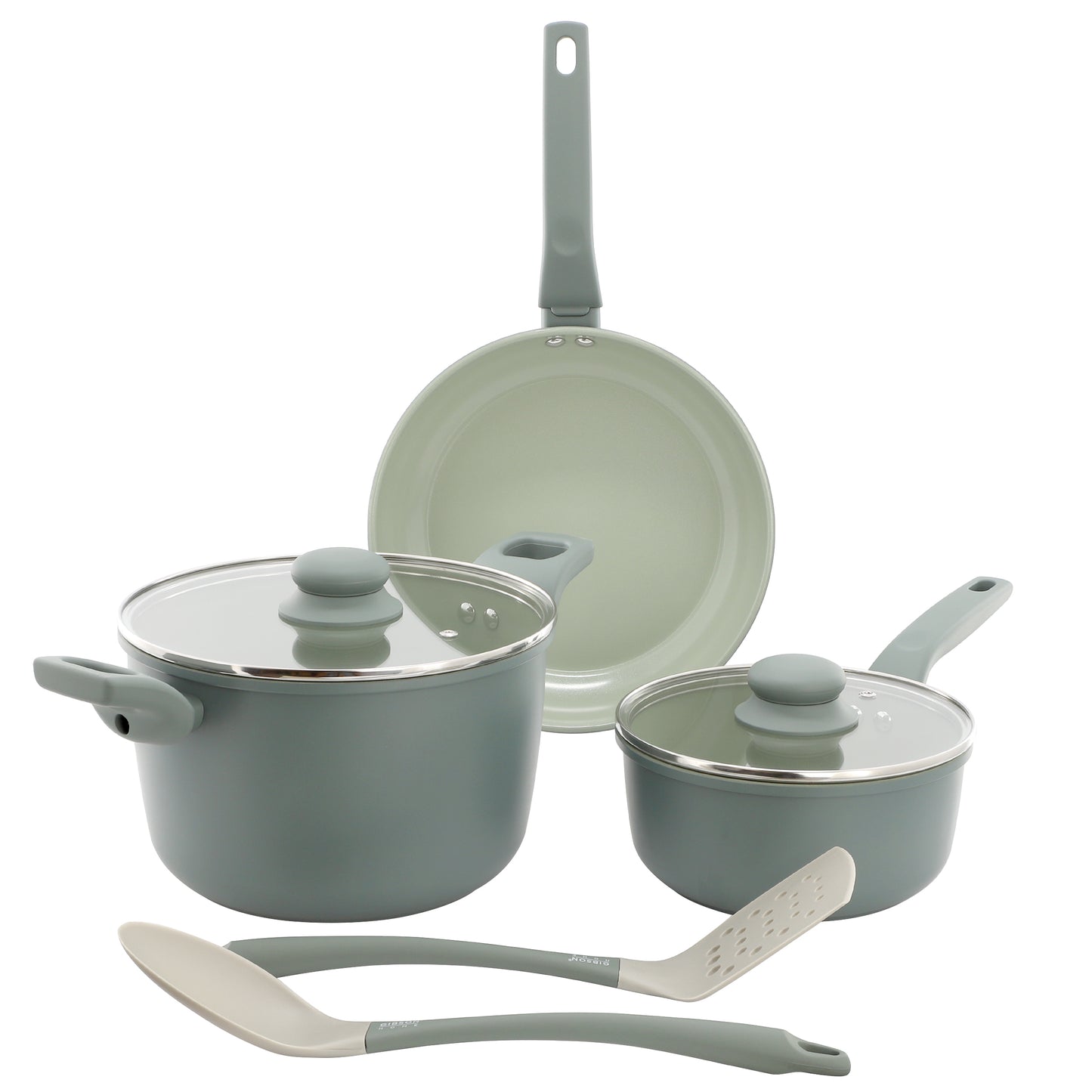 Gibson Home Barnsdall 7 Piece Ceramic Nonstick Aluminum Cookware Set in Sage Gre