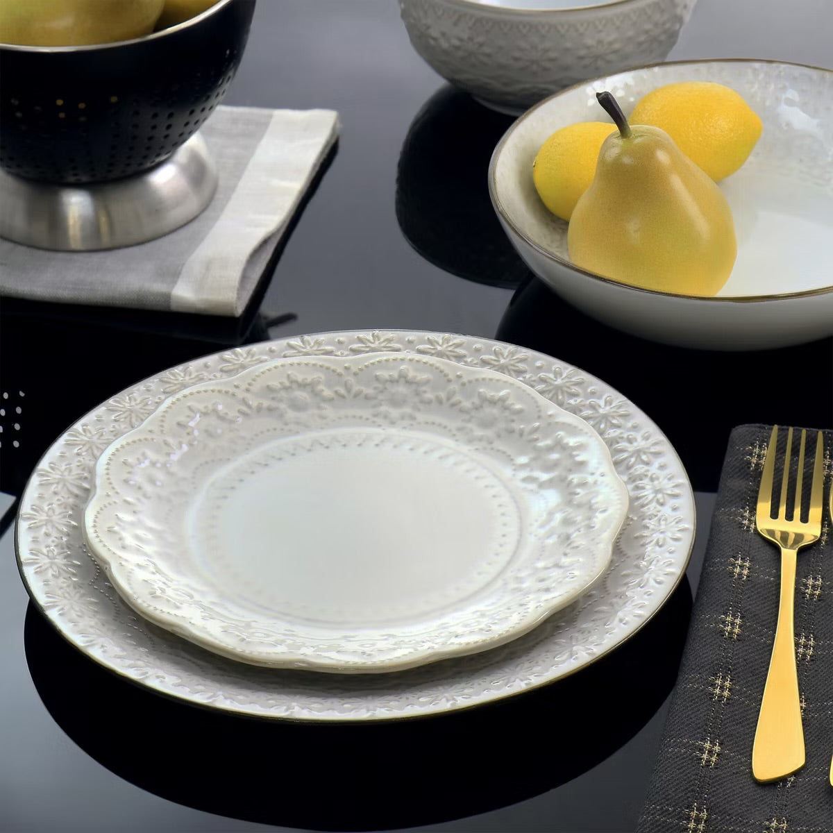 Elama Countess 16 Piece Embossed Double Bowl Stoneware Dinnerware Set Off-White