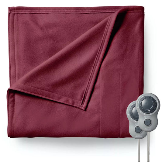 Sunbeam Queen Size Electric Fleece Heated Blanket in Garnet w Dual Zone