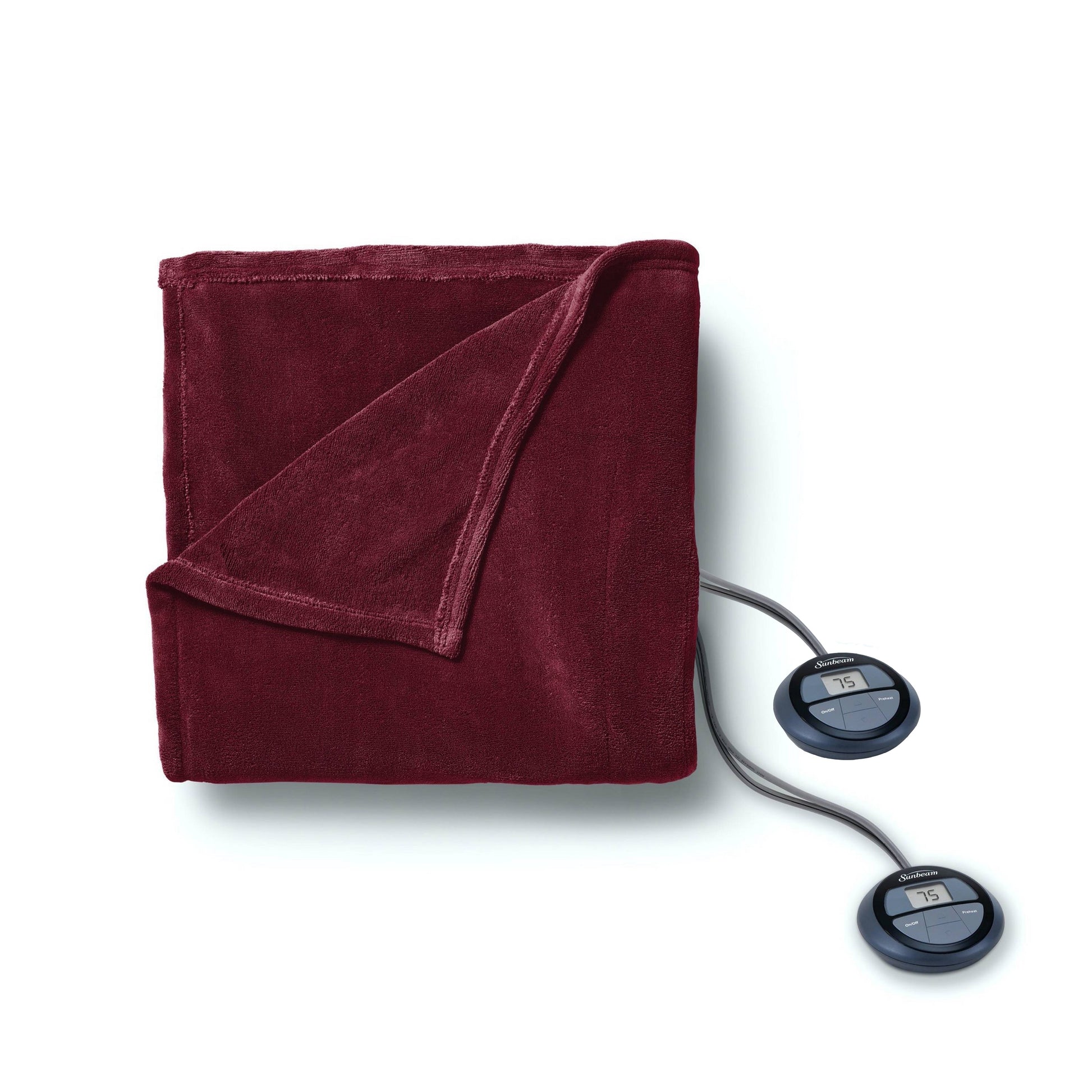 Sunbeam Queen Electric Heated MicroPlush Blanket in Garnet w Dual Digital Displ