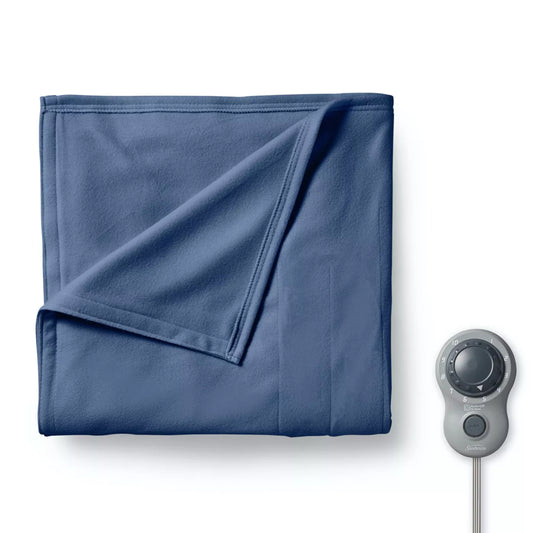 Sunbeam Twin Size Electric Fleece Heated Blanket in Blue w Temperature Control
