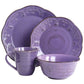Elama Rustic Birch 16 Piece Round Embossed Stoneware Dinnerware Set in Purple