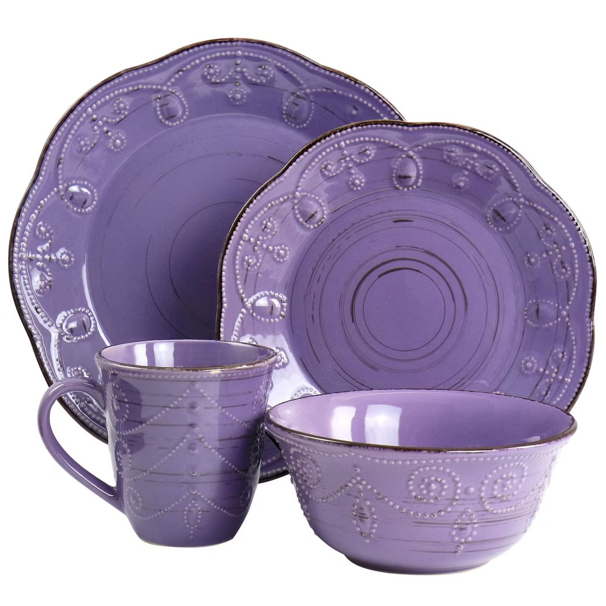 Elama Rustic Birch 16 Piece Round Embossed Stoneware Dinnerware Set in Purple