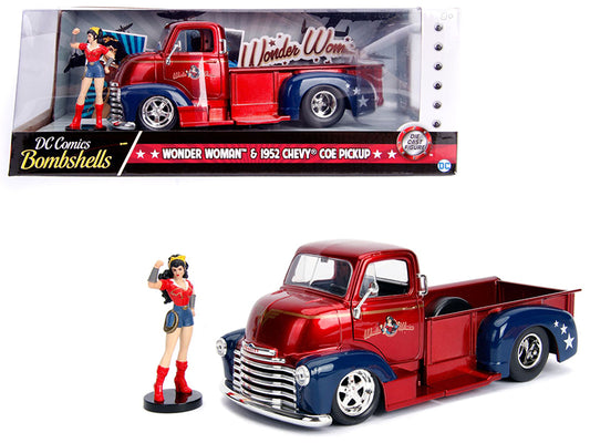 1952 Chevrolet COE Pickup Truck Candy Red Blue w Wonder Woman Diecast Figure DC