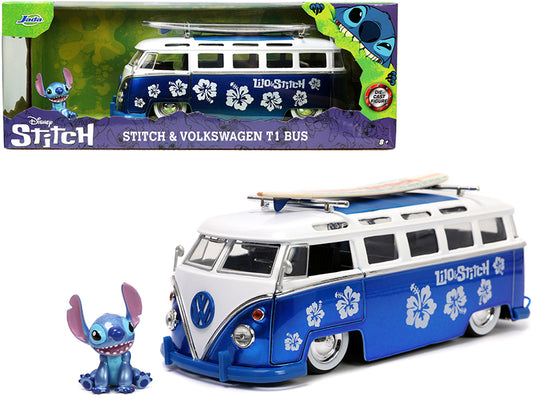 Volkswagen T1 Bus Candy Blue White w Stitch Diecast Figurine Surfboard Lilo & S