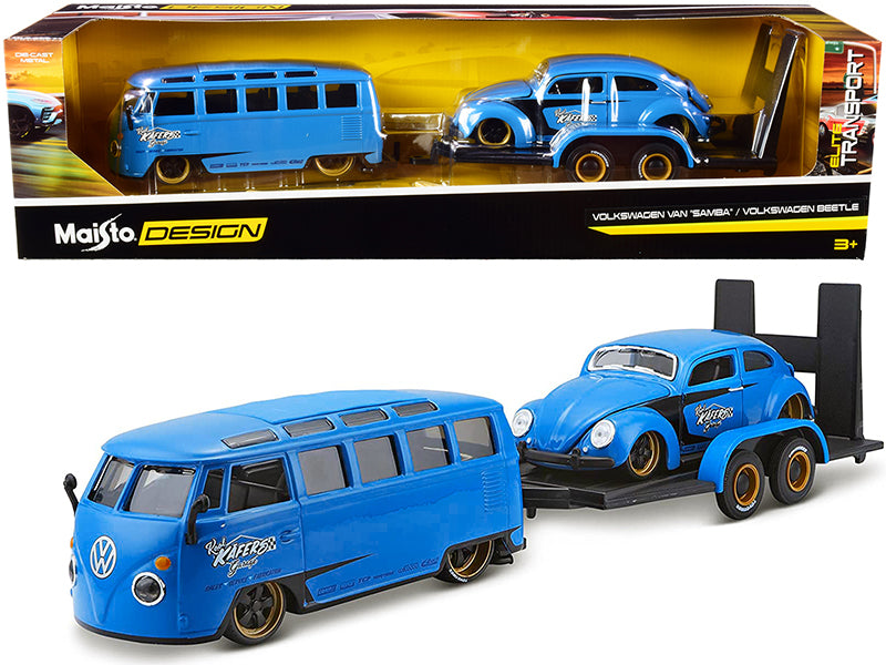 Volkswagen Van Samba w Volkswagen Beetle Flatbed Trailer Blue Kool Kafers Set o