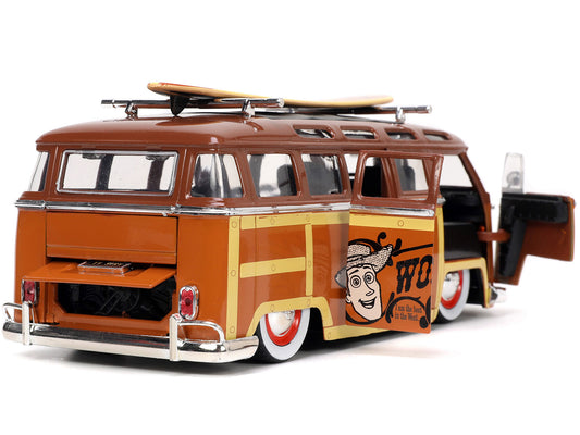 Volkswagen T1 Bus Brown w Graphics Sheriff Woody Woody Diecast Figure Surfboard