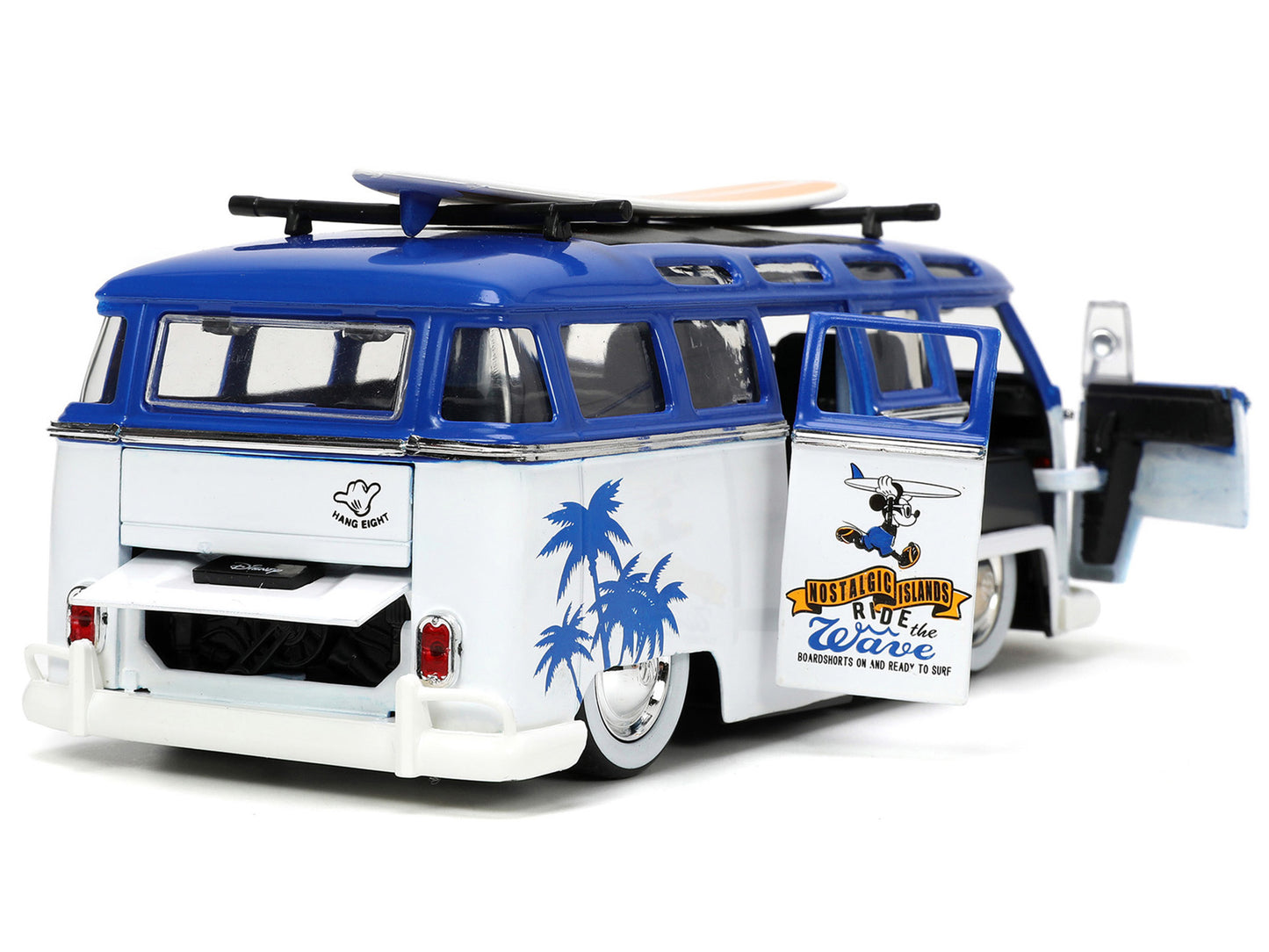 Volkswagen T1 Bus Blue White w Graphics Nostalgic Islands Ride the Wave Mickey