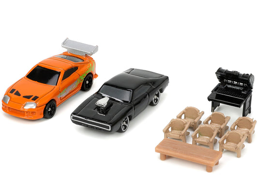 Toretto House Diorama w Dodge Charger Black Toyota Supra Orange w Graphics Fast