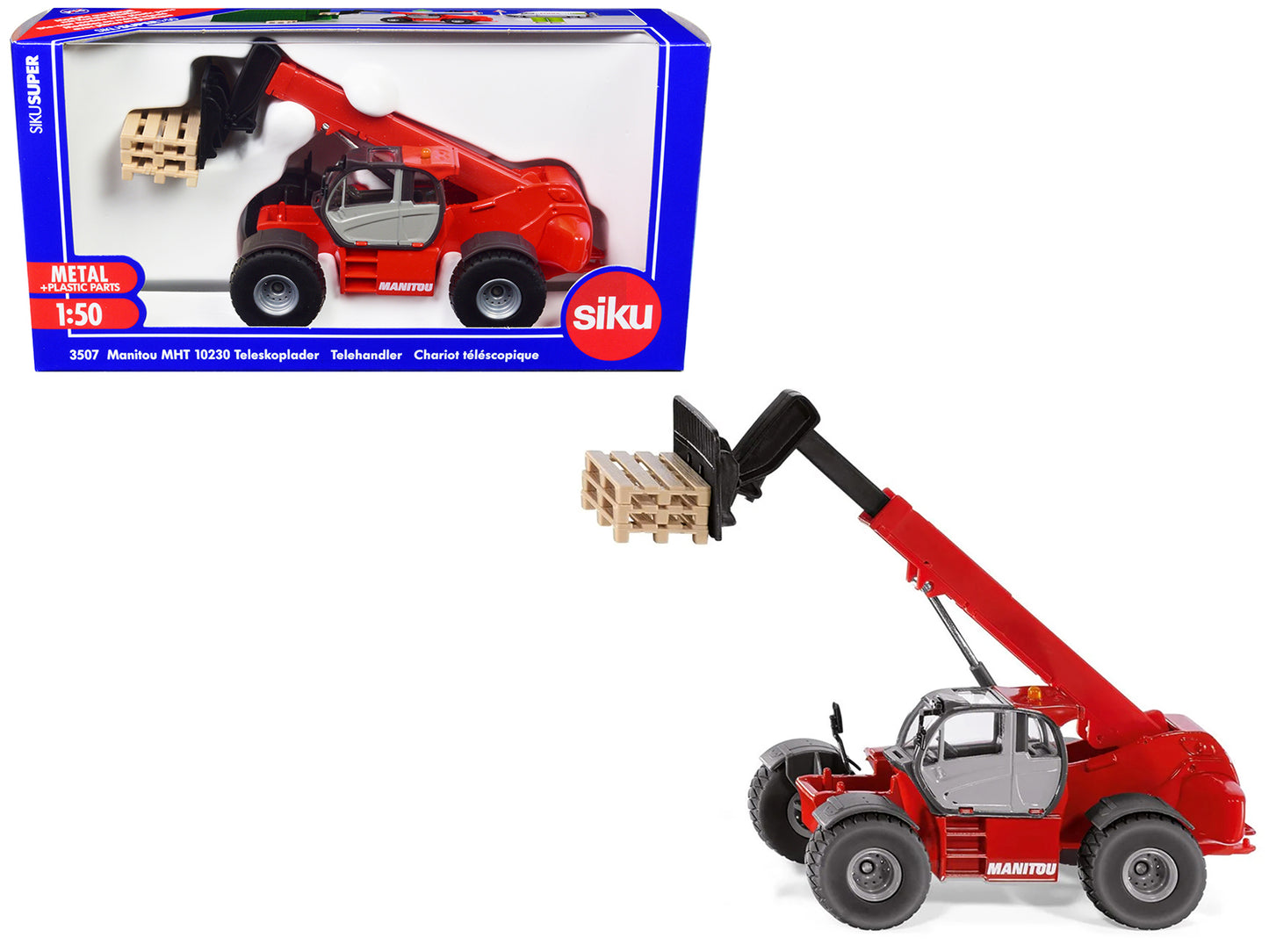 Manitou MHT10230 Telehandler Red w Pallets 1/50 Diecast Models Siku