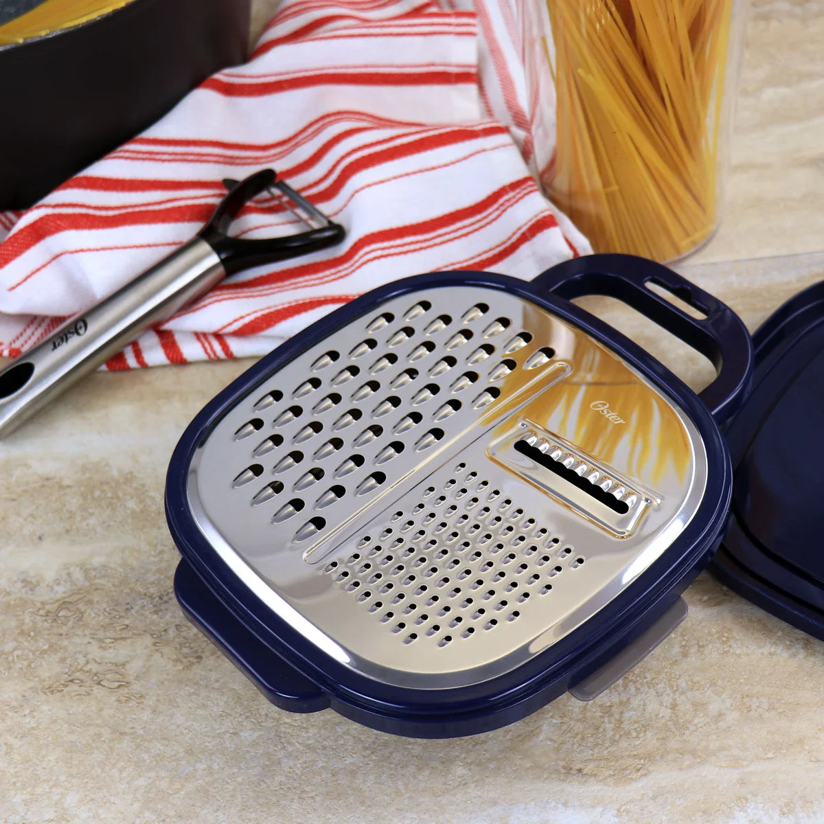 Oster Flat Bluemarine 3 Piece Grater Slicer & Container Set Navy Blue