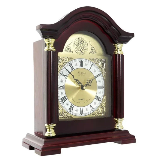 Bedford Redwood Oak Wood Finish Mantel Shelf Desk Clock with 4 Hourly Chimes