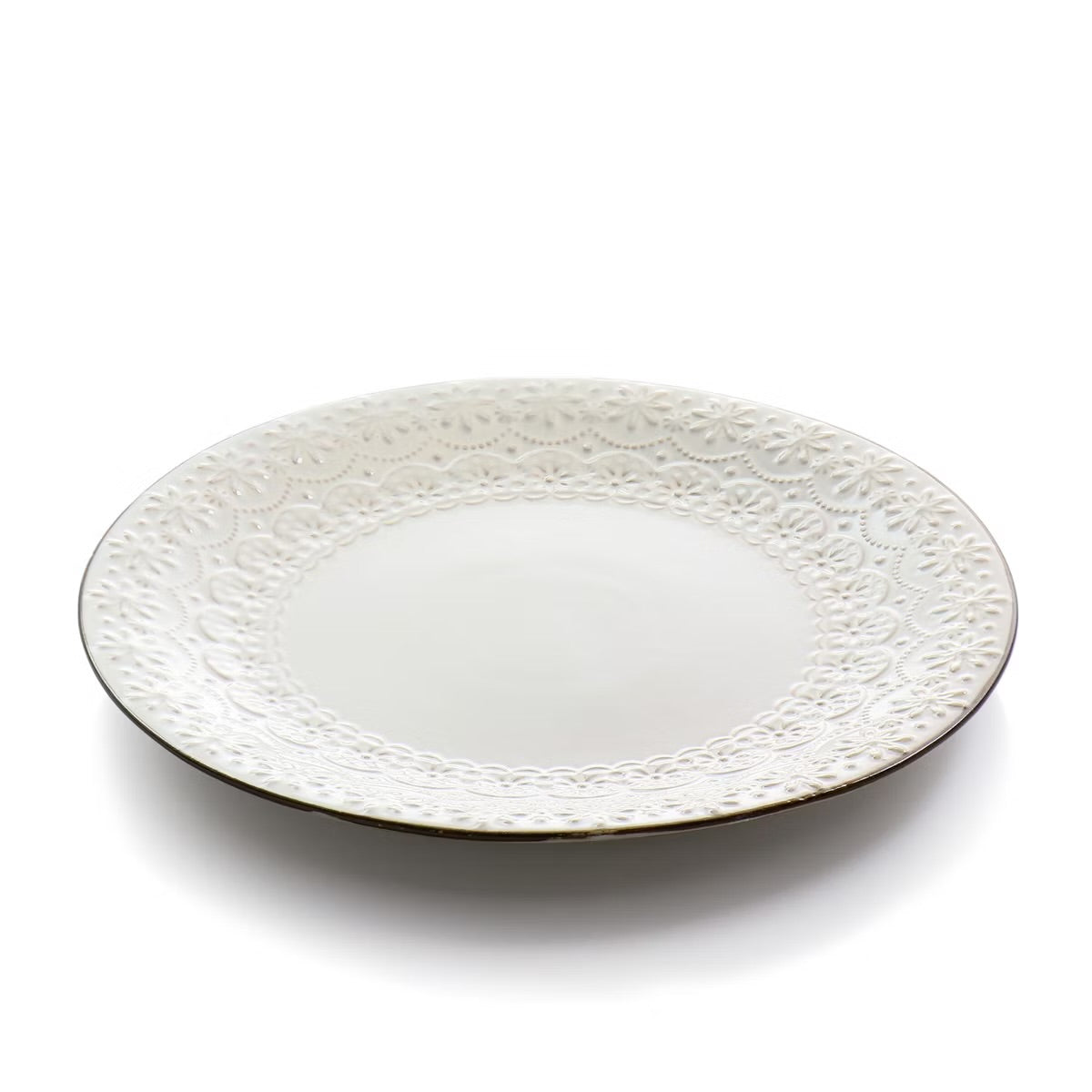 Elama Countess 16 Piece Embossed Double Bowl Stoneware Dinnerware Set Off-White