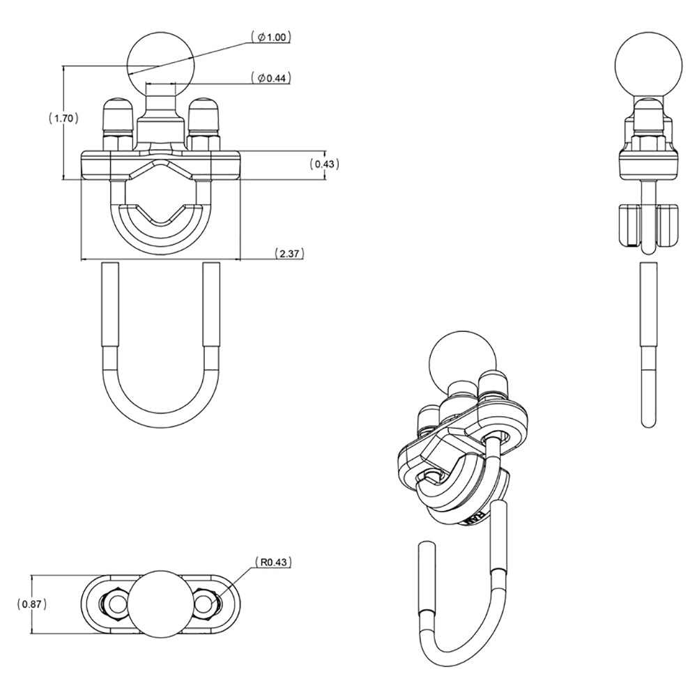 RAM Mount Zinc Coated U-Bolt Base w/1" Ball [RAM-B-231ZU]