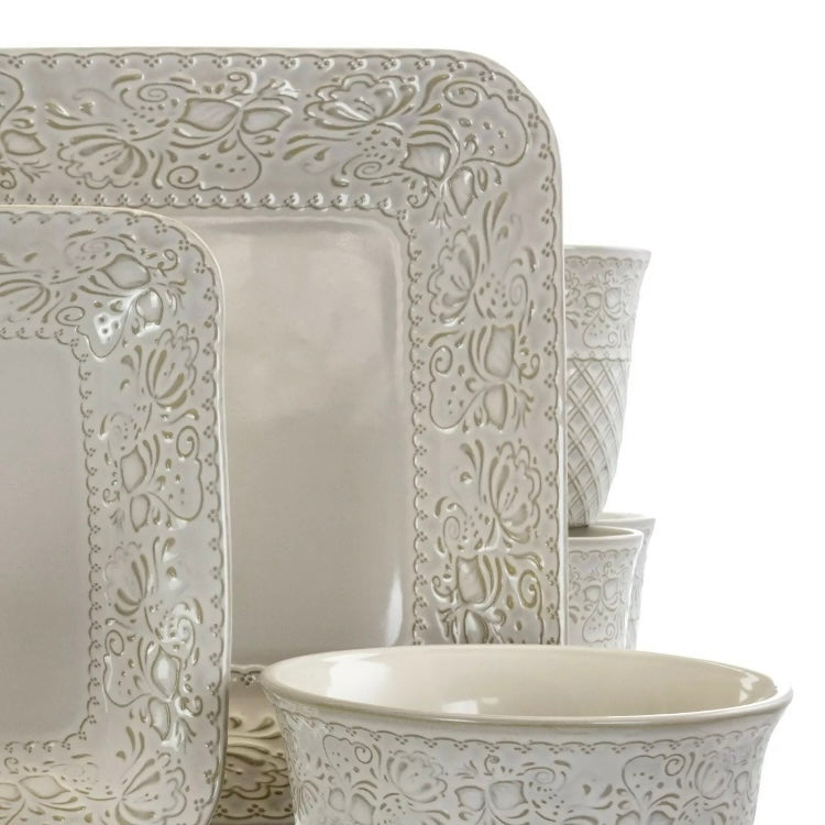 Elama Ivory Lotus 16 Piece Stoneware Embossed Floral Square Dinnerware Set For 4