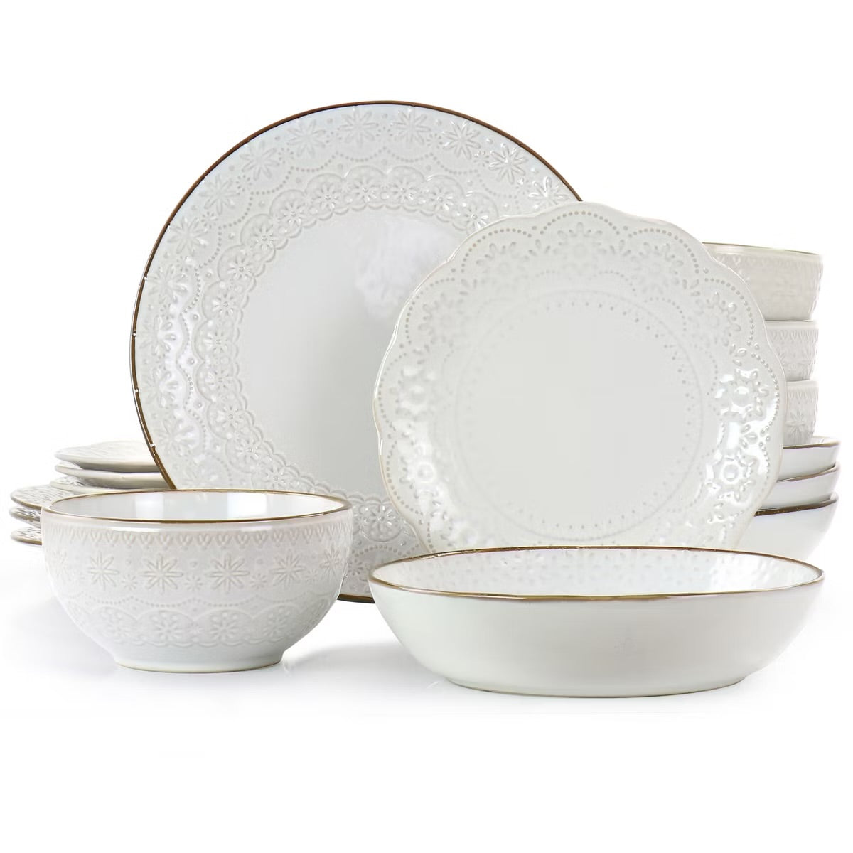 Elama Countess 16 Piece Embossed Double Bowl Stoneware Dinnerware Set Off-White