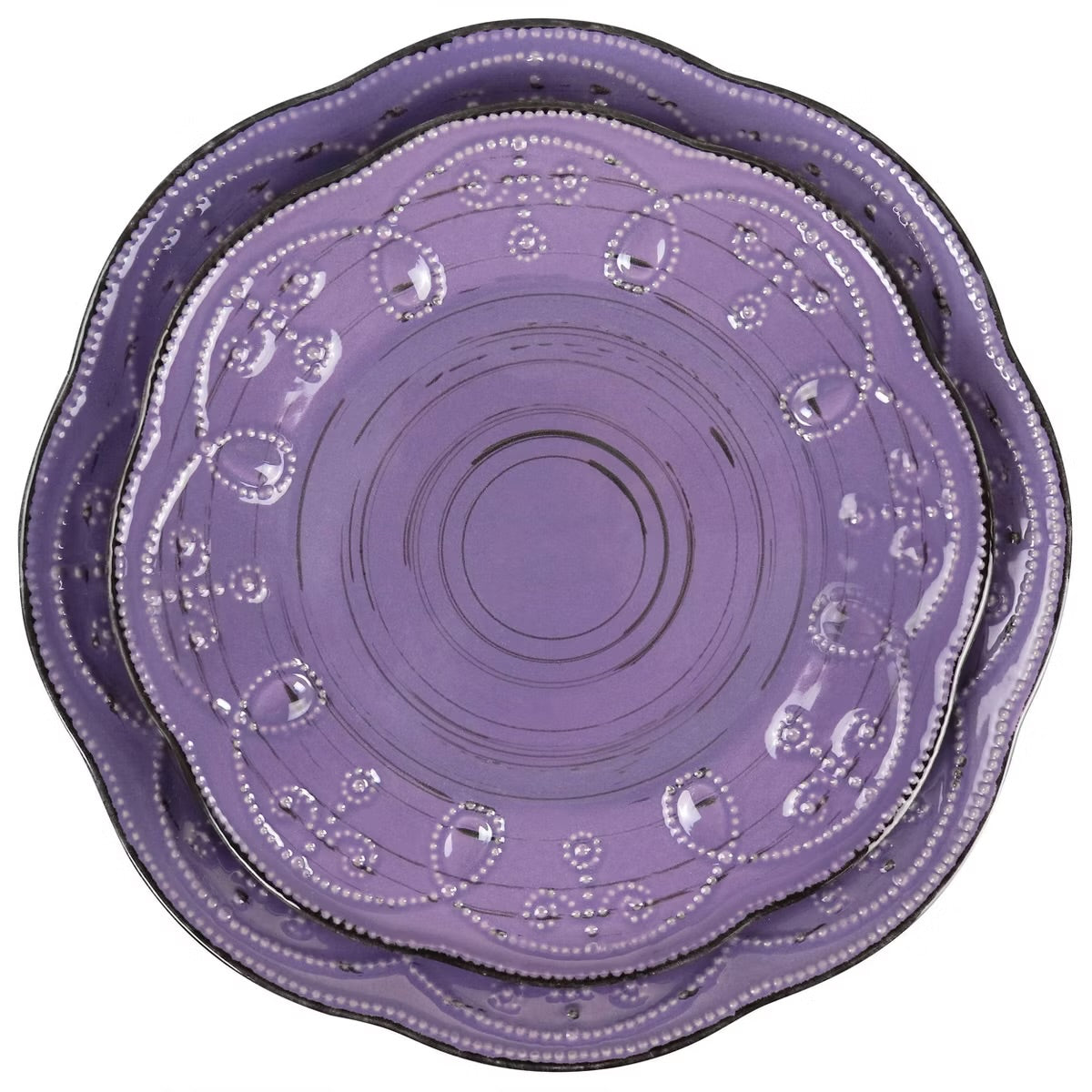 Elama Rustic Birch 16 Piece Round Embossed Stoneware Dinnerware Set in Purple