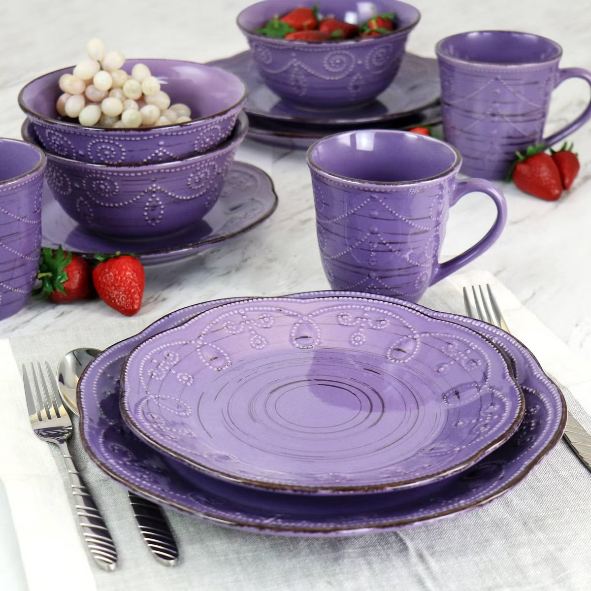 Elama Rustic Birch 16 Piece Round Embossed Stoneware Dinnerware Set in Purple