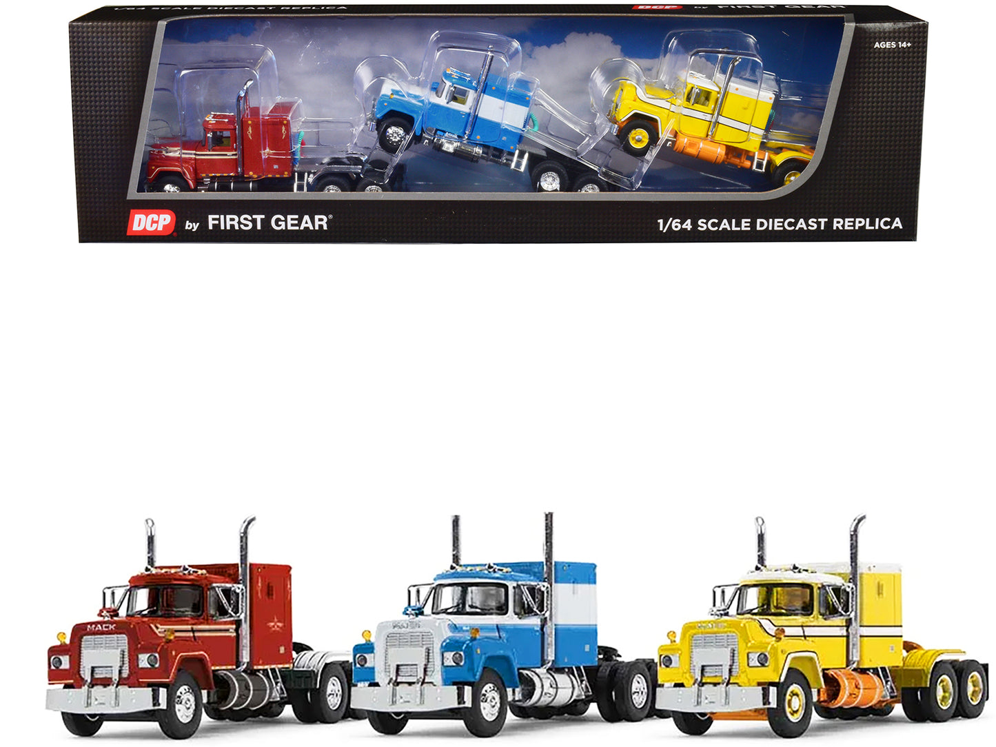 Mack R Sleeper Trio Set of 3 Truck Tractors in Red Blue Yellow 1/64 Diecast Mod