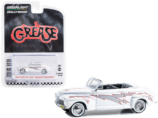 >Brand new 1/64 scale diecast car model of 1948 Ford De Luxe Convertible "Greased Lightning" White with Graphics "Grease" (1978) Movie "Holl