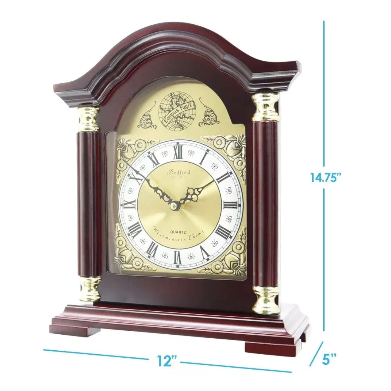 Bedford Redwood Oak Wood Finish Mantel Shelf Desk Clock with 4 Hourly Chimes